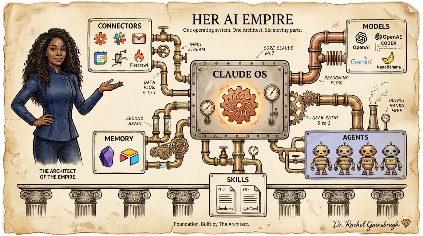 Her AI Empire architecture: Connectors, Memory, Skills, and Agents feeding through Claude OS