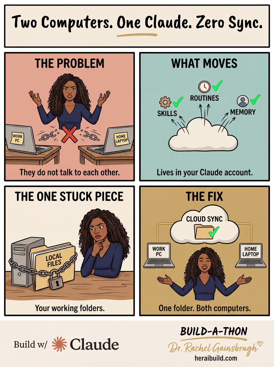 Two computers. One Claude. Zero sync. The problem, what moves, the one stuck piece, the fix.